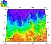 An overlay of MOLA and MARSIS data. An overlay of MOLA and MARSIS data.
